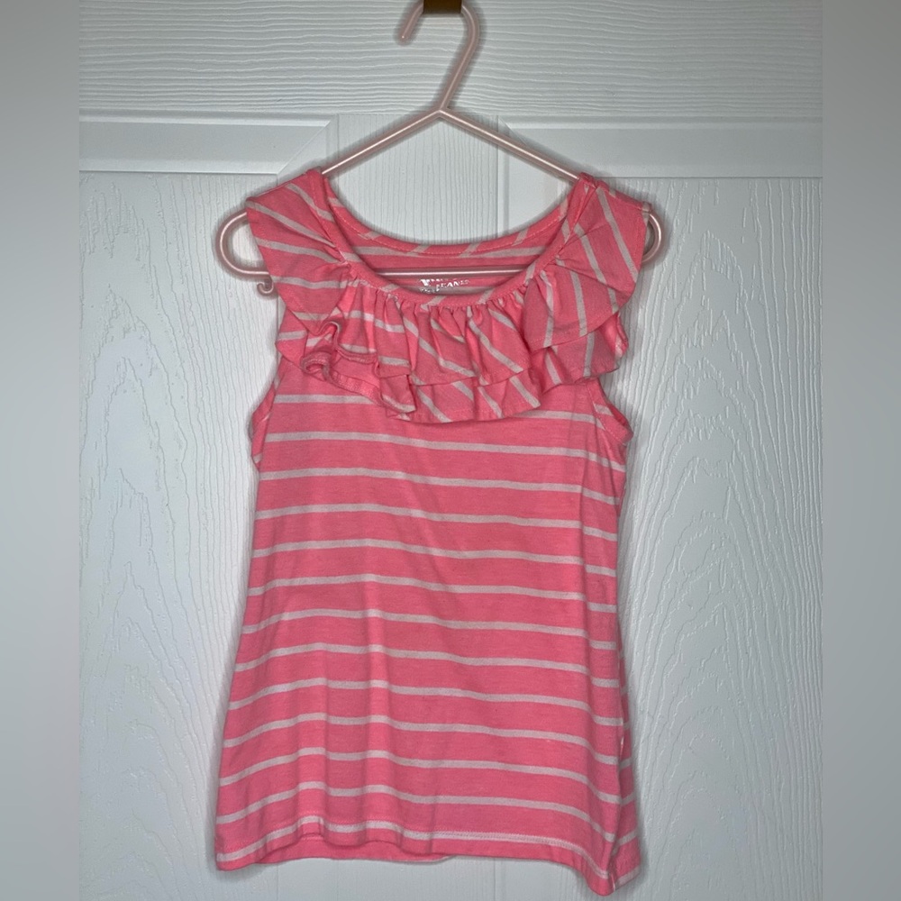 Girls pink/white stripe tank with frilly neckline. Size 6-7
